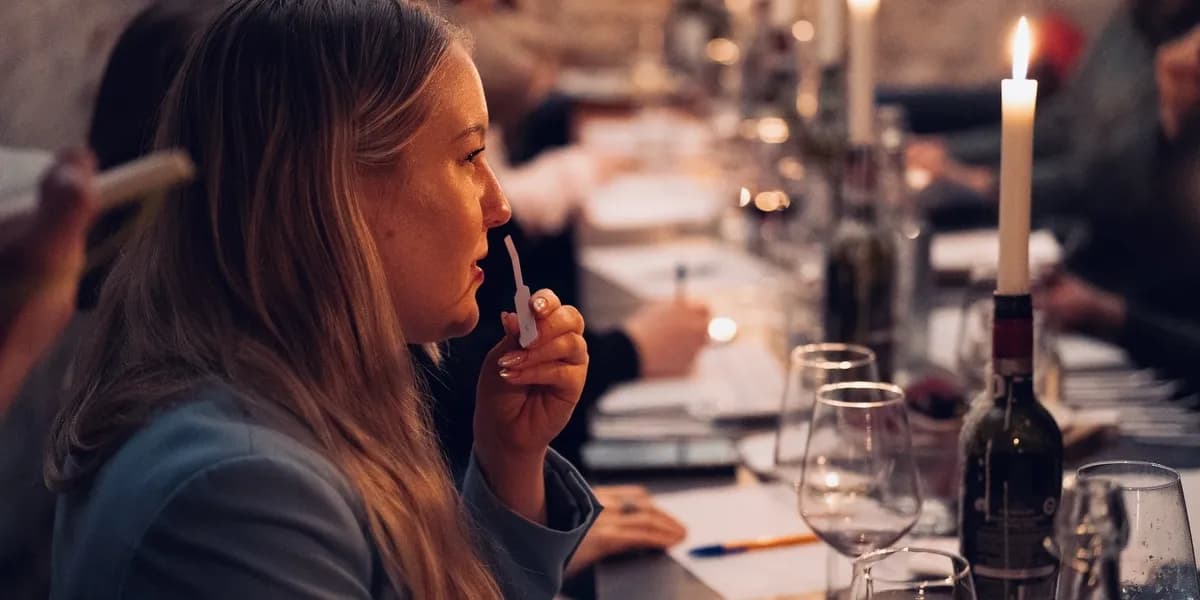 A guest smelling a scent strip at a candlelit table, notes and wine glasses alongside